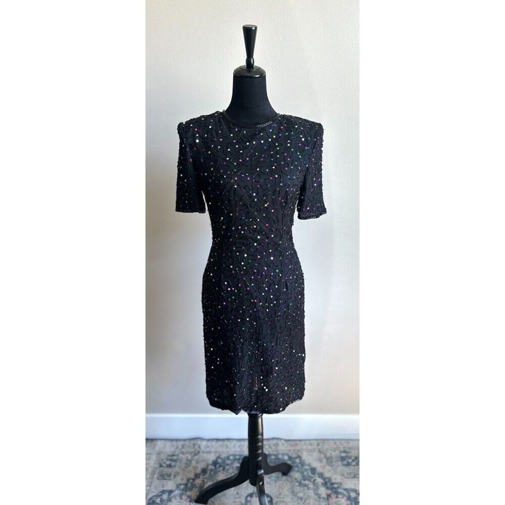 NWT Stenay Women's Cut Silk Black Rainbow Beaded Midi Cocktail Dress Size 4